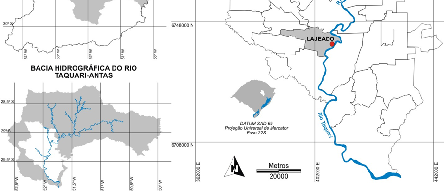 Figura 04 - Localização da Bacia Hidrográfica Taquari-Antas e divisão política do Vale do Taquari A partir da análise dos índices pluviométricos medidos na Bacia Hidrográfica Taquari-Antas com os