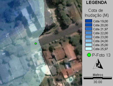 a) Mapeamento da área inundada com DGPS b) Validação da simulação da cota de 25,97 m Figura 44 - Validação da cota de inundação simulada de 25,97 m com GCP obtidos com DGPS a) Mapeamento da área