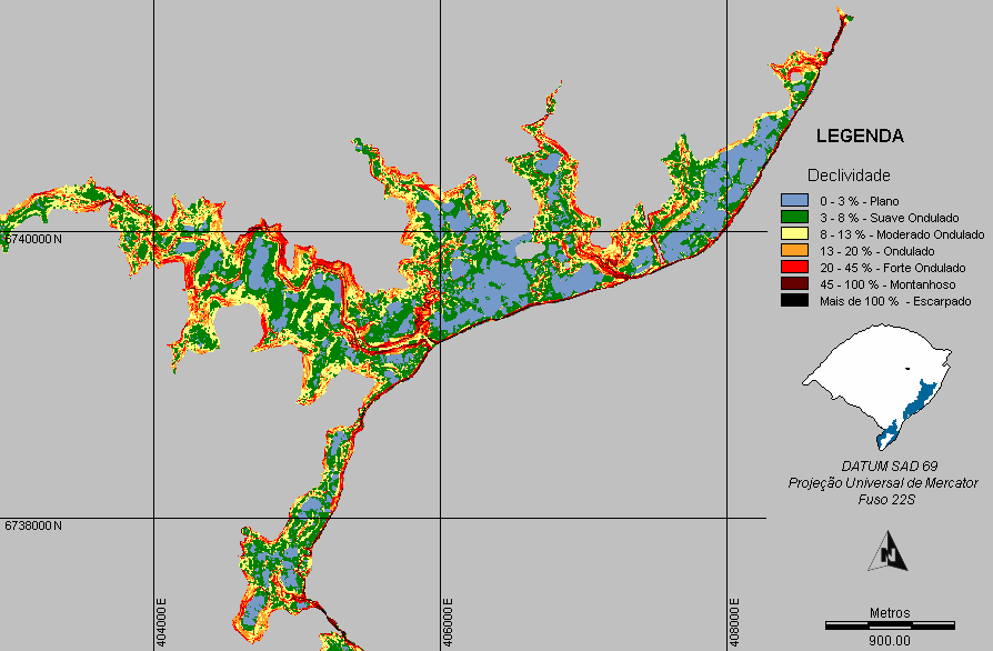4.5.2 Inundação X Declividade As declividades das áreas sujeitas às inundações (Figura 49) foram geradas a partir do MDE da área de estudo e reclassificadas.
