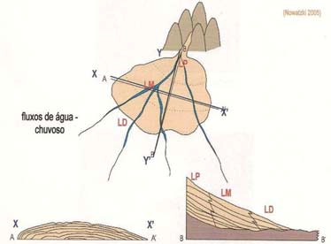 Geomorfologia Fluvial e Hidrografia Numa visão planimétrica geral de cone aluvial, os perfis radicais longitudinais são côncavos enquanto os transversais são concêntricos e convexos (Figura.5).