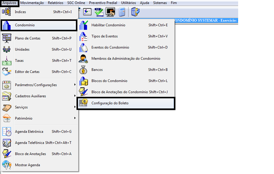 3 Configurações dos Boletos Primeiro passo para configurar os boletos para começar a emitir as cobranças do condomínio é ir até a tela de configuração dos boletos e preenchê-la com os dados passados