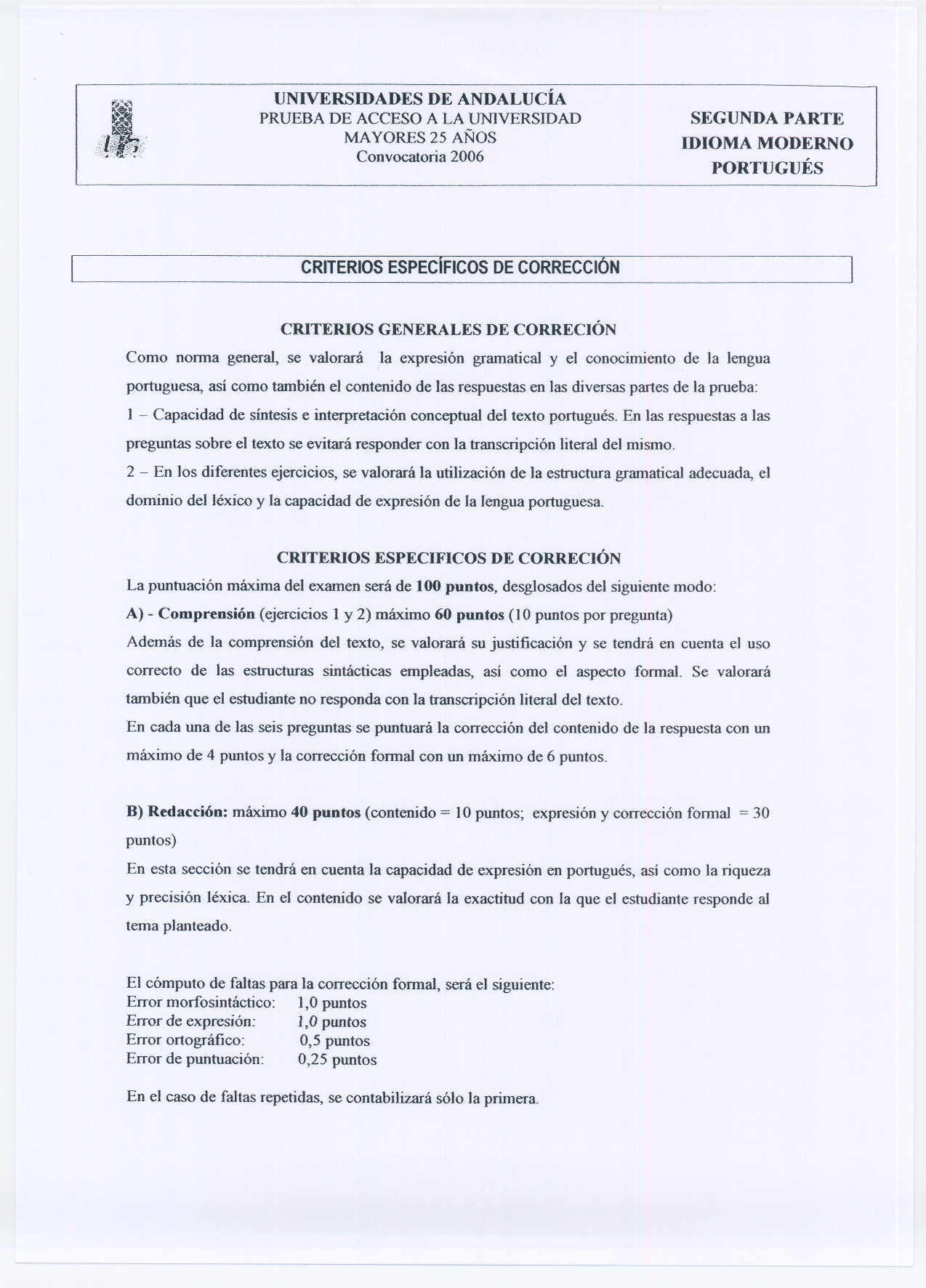 UNIVERSIDADES DE ANDALUCÍA PRUEBA DE ACCESO A LA UN1VERSIDAD MAYORES 25 AÑOS SEGUNDA PARTE CRITERIOSESPECIFICaSDECORRECCION CRITERIOS GENERALES DE CORRECIÓN Como nonna general, se valorará la