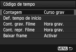 3 Definir o Código de Tempo Contagem O código de tempo é uma referência temporal gravada automaticamente para sincronizar vídeo e áudio durante a gravação de filmes.