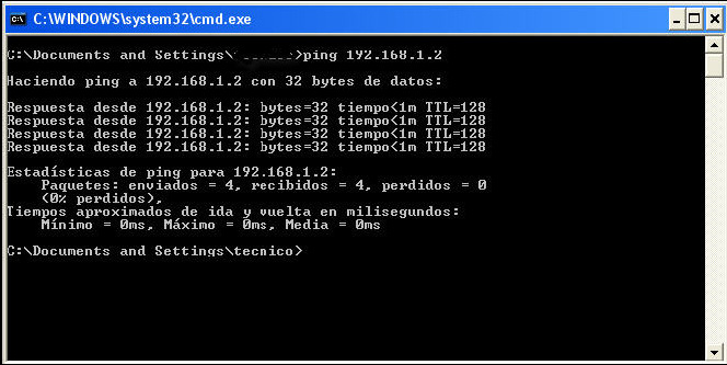 3. Comprovação de comunicação mediante ping: Para comprovar o bom funcionamento do dispositivo nos iremos a: Windows XP: Iniciar Executar, no campo escreveremos cmd e clicaremos em OK, na tela que