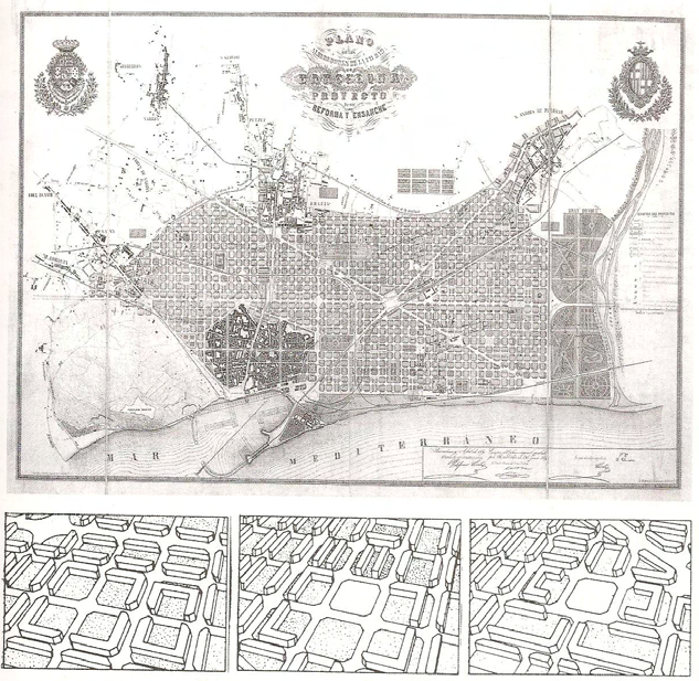 Fig. 4 Plano de Barcelona de Ildefonso Cerdá (1864). Alternativas propostas para os quarteirões.