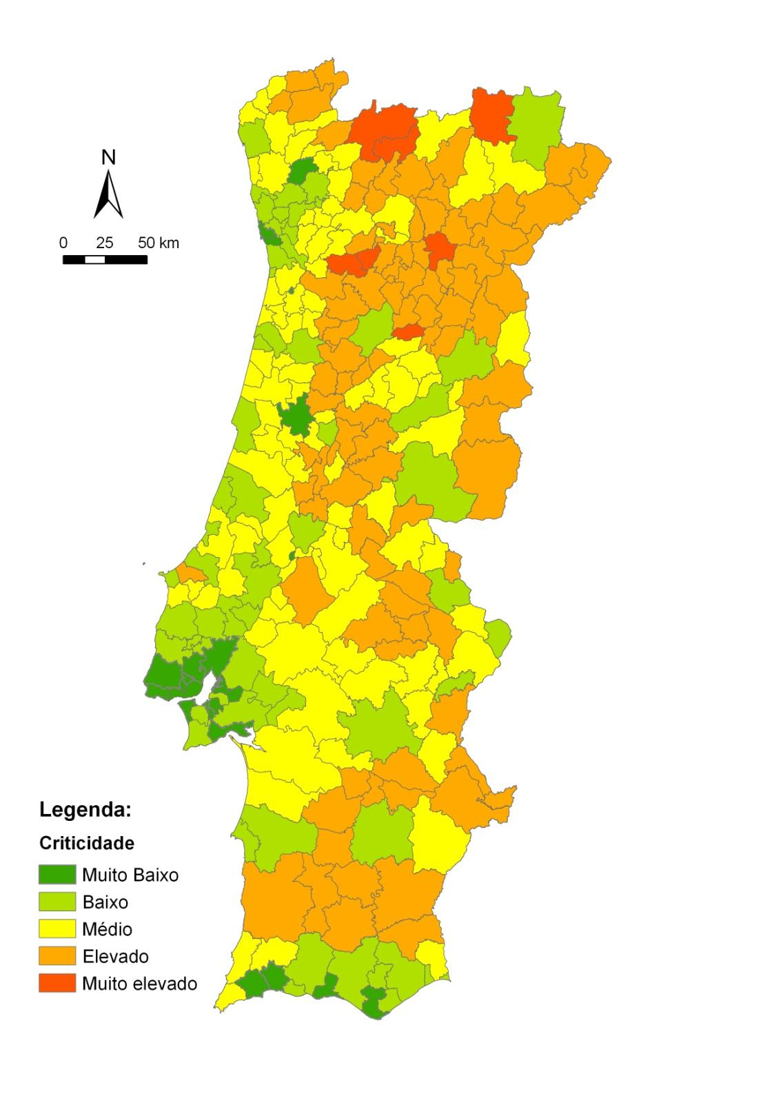 de Criticidade Municipal em Portugal (escala nacional) - Valores muito elevados em alguns municípios no Norte de Portugal (baixo poder económico da população); - Valores elevados no interior