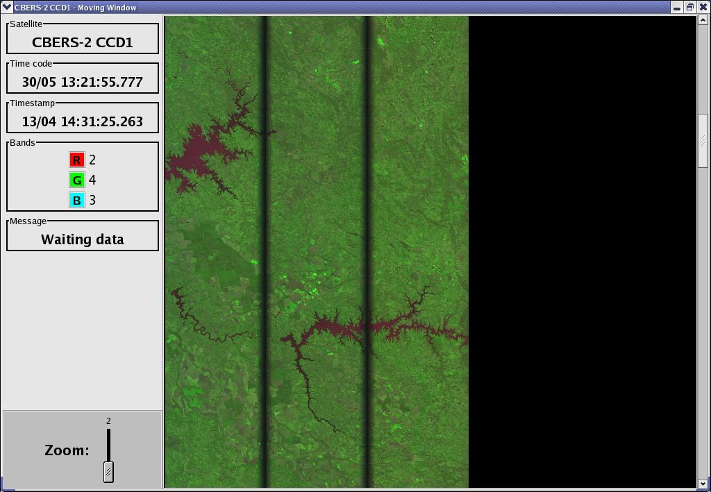 Figura 1 Controle do Sistema de Ingestão do Satélite CBERS. Figura 2 Visualização dos dados recebidos através da Moving Window.