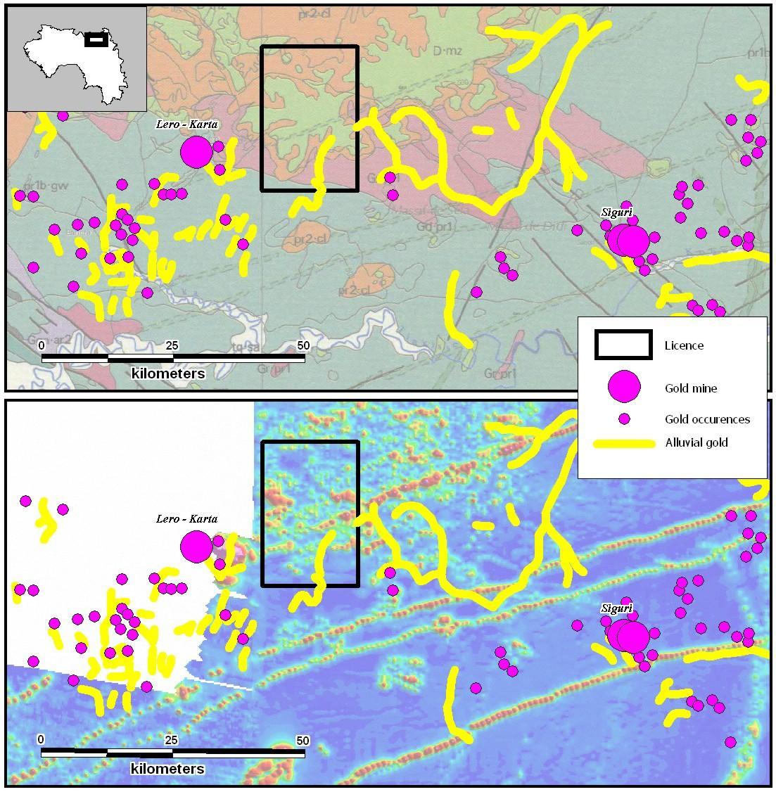 Localização da licença em relação a ocorrências de ouro conhecidos e operações de extracção de ouro indicado em mapas geológicos e aéreas cartões magnéticos