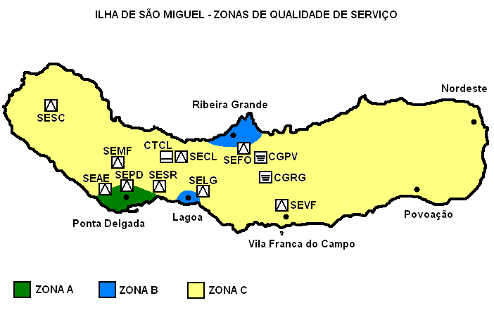 II.6.2 Zonas de Qualidade de Serviço A figura seguinte ilustra para a Ilha de São Miguel a classificação dos locais por zona de qualidade de