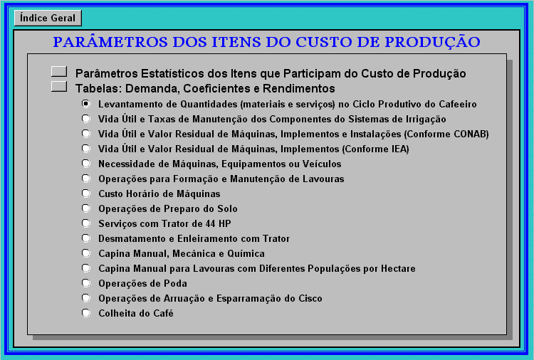 43 Figura 35 Formulário índice do módulo Parâmetros dos itens do custo de produção, do MORETTI. 4.4.1 Parâmetros estatísticos dos itens que participam do custo de produção A Figura 36 apresenta o