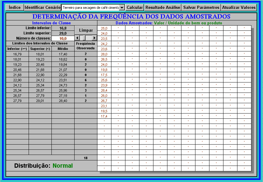 49 botão de comando calcular : processa a análise de freqüência dos dados amostrados, realiza os testes de aderência, e encontra alguns parâmetros estatísticos da amostra de dados analisada; botão