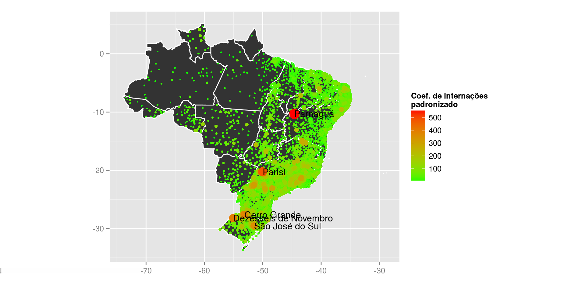 Município Estado Coef. Padronizado Coef. Bruto Parnaguá PI 548.4816 547.1825 Parisi SP 474.6429 293.3985 Dezesseis de Novembro RS 395.5357 179.9208 Cerro Grande RS 377.0213 251.