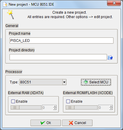 MCU 8051 IDE Execute o MCU 8051 IDE Criação de Projeto Project -> New Digite um nome para o projeto Indique a pasta que será salvo o projeto Defina o