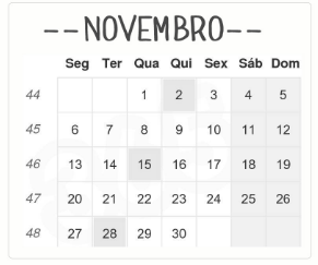 Novembro 2017 1 Quarta Regra dos terços 2 Quinta Panorama 3 Sexta Queda 4 Sábado Crocante 5 Domingo Fogo 6 Segunda Cinza 7 Terça Minúsculo 8 Quarta Sombra 9 Quinta DOF 10 Sexta Livros 11 Sábado Como