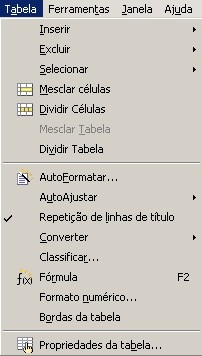 Inserir Excluir Selecionar Mesclar células Dividir células Mesclar Tabelas Dividir Tabela Converter Classificar Fórmula Formato Numérico Bordas da Tabela Propriedade da Tabela Tabela: Insere uma nova