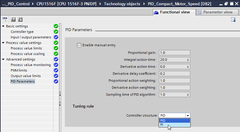 Nas 'configurações avançadas' você pode encontrar ainda um ajuste manual do 'Parâmetro PID'.