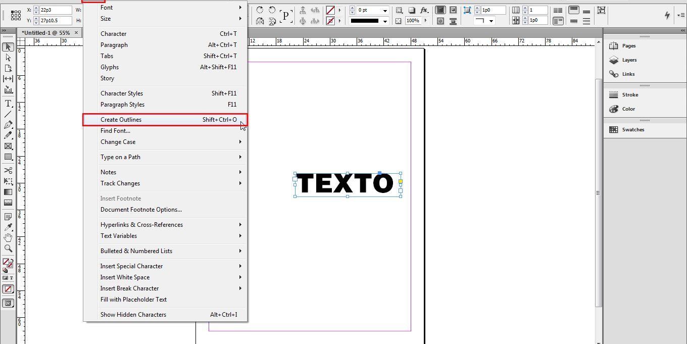 Illustrator No Illustrator clique com o botão direito do mouse e clique em Create Outlines. Você também pode selecionar o texto e clicar em Ctrl+Shift+O.
