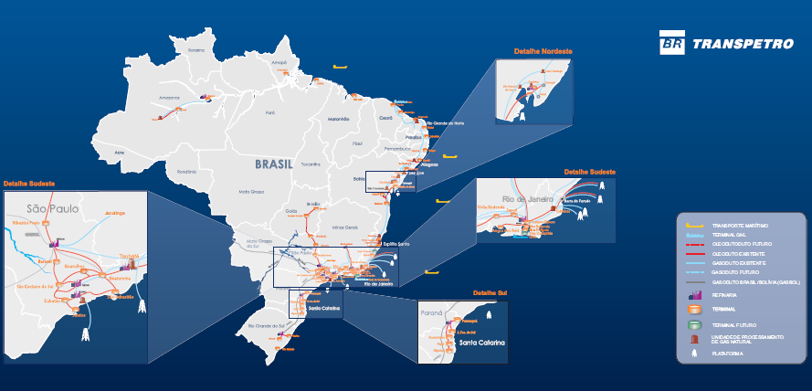 9 malha possui, atualmente, cerca de 22.000 quilômetros, entre oleodutos e gasodutos, e apresenta ramificações para a costa do nordeste, do sul, e para a região centro-oeste do país.