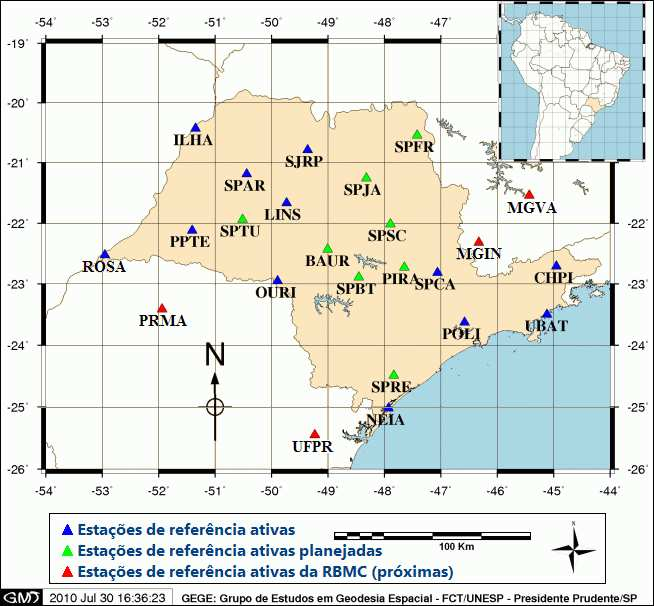 Figura 6 Distribuição das estações da Rede GNSS-SP. Fonte: GEGE (2010). 3.4.