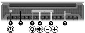 Botões, interruptores e alto-falantes Componente Descrição (1) Botão Liga/Desliga* Quando o computador estiver desligado, pressione o botão Liga/ Desliga para ligar o computador.