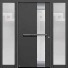 Ambiente exigente Nobres modelos de porta com formas exclusivas Modelo 40 em branco tráfego mate, RAL 9016, com peças laterais MG 40 Modelo 555 Puxador em aço inox 910, aplicação em aço inox, modelo