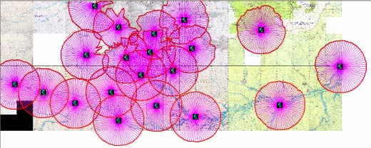Figura 1 Possíveis pontos de instalação dos radares (primeiro conjunto de dados). Figura 2 Envoltórias dos sinais dos radares em cada possível ponto de instalação.