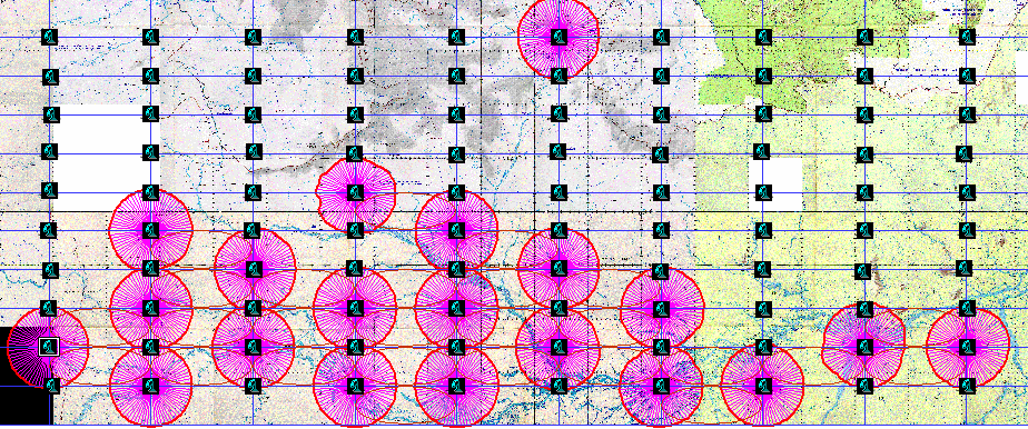 As Figuras 5, 6 e 7 apresentam a visualização dos resultados apresentados na Tabela 1. Figura 5 Solução obtida com os 5 radares posicionados. Figura 6 Solução obtida com os 10 radares posicionados.