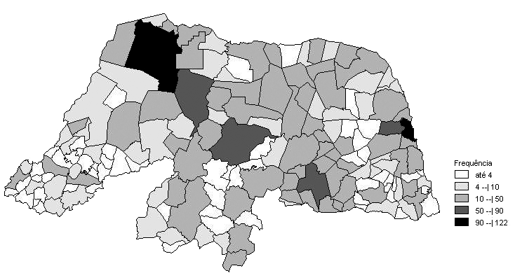 Brito AC, Barbosa IR Editorial Ciências básicas Figura 3: Distribuição espacial dos acidentes por serpentes de acordo com o município de ocorrência no Estado do Rio Grande do Norte, 2007-2011 cientes