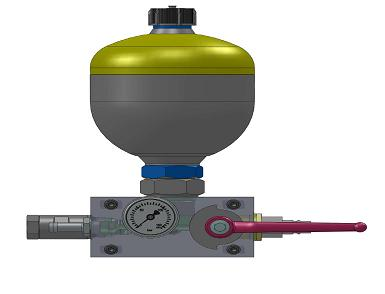 Acumulador de pressão código 13092105 T P - acumulador a nitrogênio, tipo membrana, com capacidade nominal de 0,75 litros - bloco de segurança equipado com uma válvula direcional 3/3vias, uma