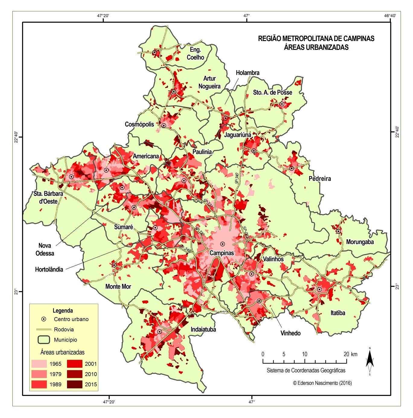 Figura 2. Evolução das áreas urbanizadas na RMC (19652015). Fontes: DSG, Emplasa, Google e IBGE cartas topográficas e imagens de satélites (cf. Quadro 1).