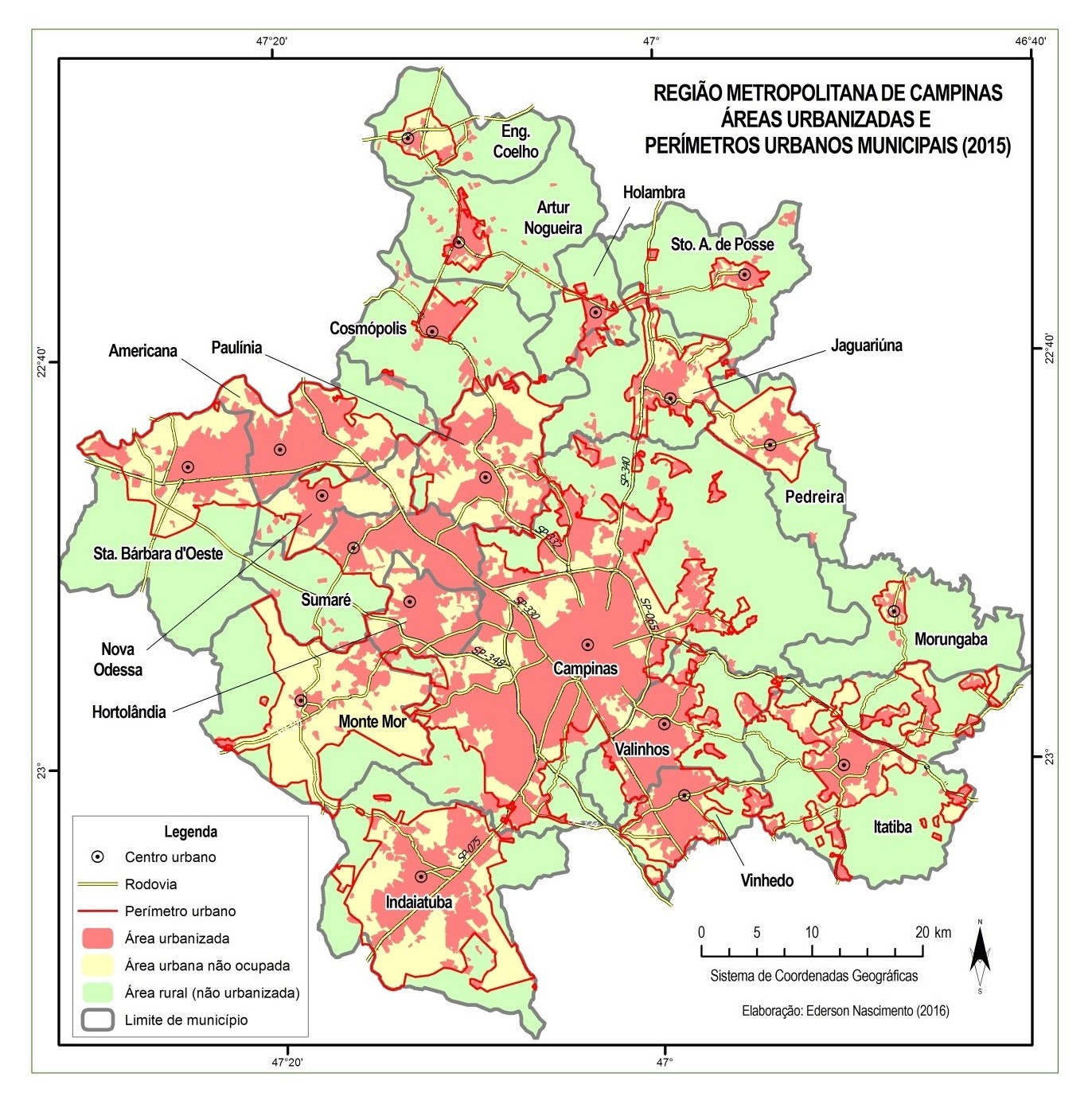 Figura 3. Áreas urbanizadas e perímetros urbanos municipais na RMC (2015).