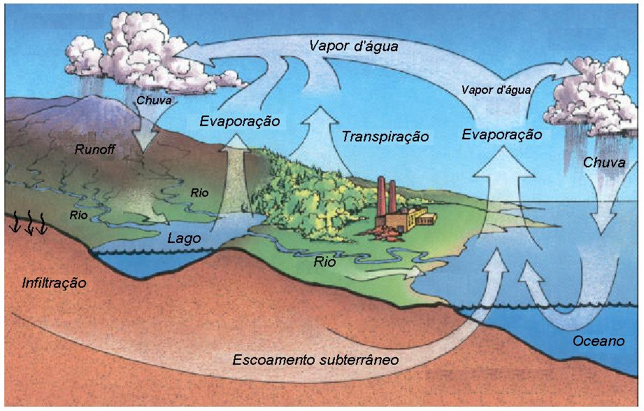 isto é, o que supera a capacidade de interceptação, soma-se à parcela da chuva que atinge diretamente o solo; ii) Parte da água de chuva que atinge o solo retorna à atmosfera na forma de evaporação.