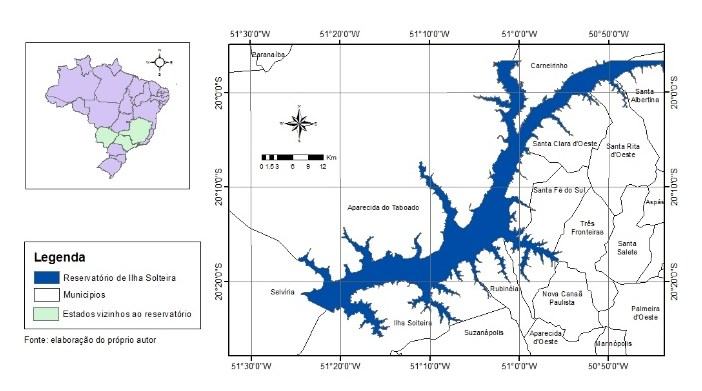 METODOLOGIA O reservatório de Ilha Solteira se localiza ao noroeste do Estado de São Paulo, na bacia do rio Paraná, entre os estados de São Paulo, Mato Grosso do Sul e Minas Gerais.
