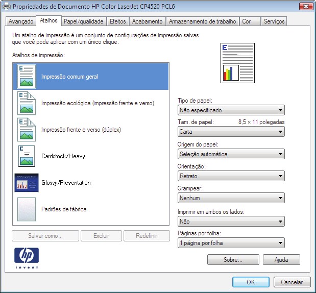 Criar atalhos de impressão (Windows) 1. No programa de software, selecione a opção Imprimir. 2. Selecione o produto e, em seguida, clique no botão Propriedades ou Preferências. 3.