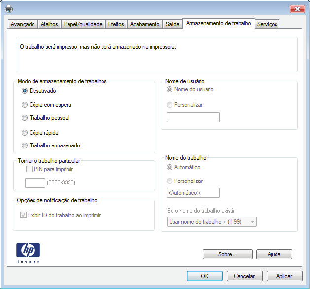 Armazenar trabalhos de impressão no produto Criar um trabalho armazenado (Windows) É possível armazenar trabalhos no produto para que você possa imprimi-los a qualquer hora. 1.