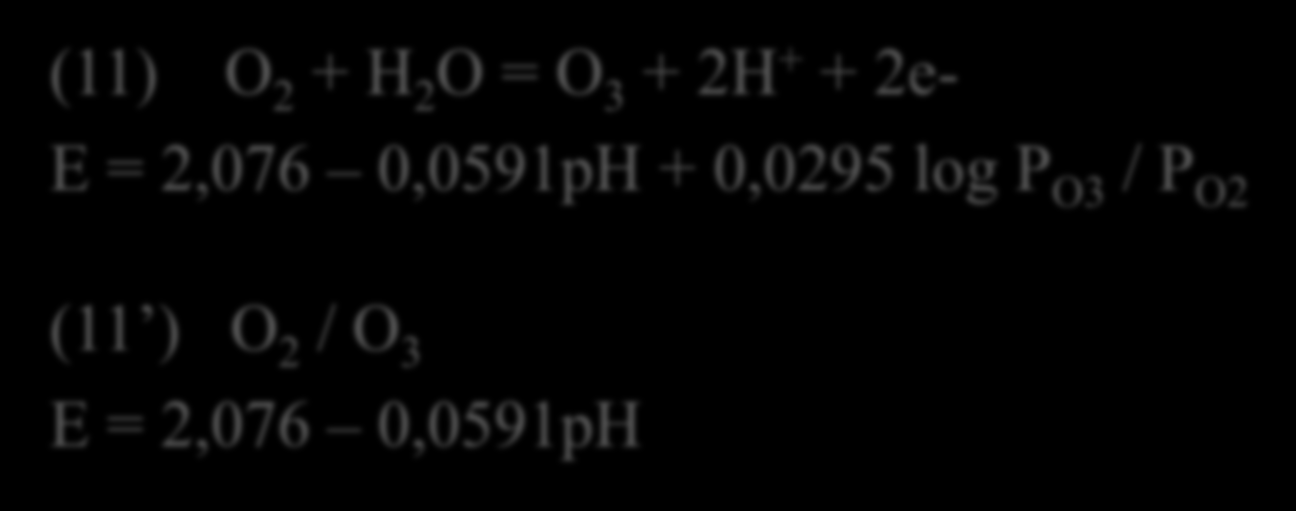 (10) H 2 + 2H 2 O = O 2 + 6H + + 6e- E = 0,819 0,0591pH + 0,0098 log P O2 / P H2 (10 ) H 2 / O 2 E = 0,819 0,0591pH (11) O 2 + H 2 O = O 3 + 2H + +