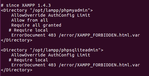 Se mostrar algum erro do tipo informado abaixo Será necessário reconfigurar o arquivo (httpd-xampp.conf) Pelo terminal informe: sudo nano /opt/lampp/etc/extra/httpd-xampp.