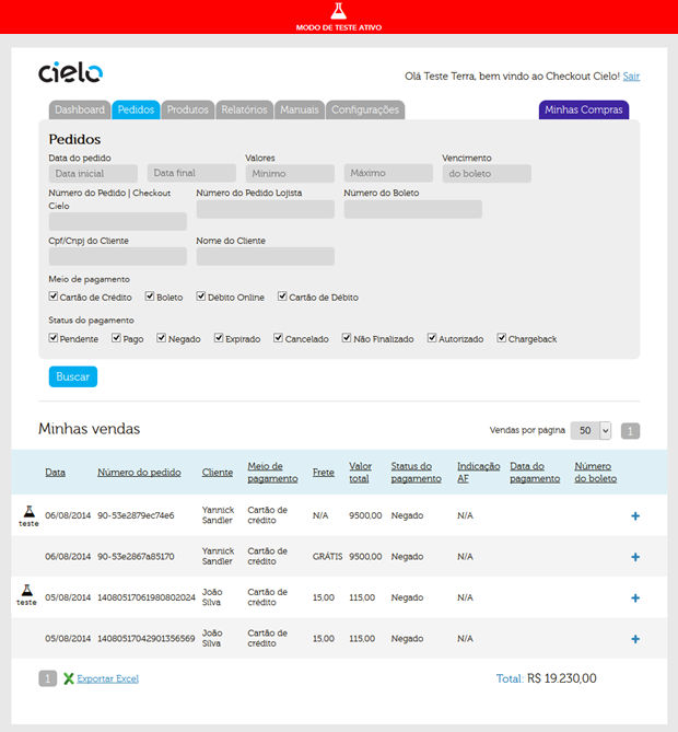 Todas as transações realizadas no modo de teste serão exibidas como transações normais na aba Pedidos da Solução Integrada, entretanto, elas serão marcadas como transações de teste e não serão