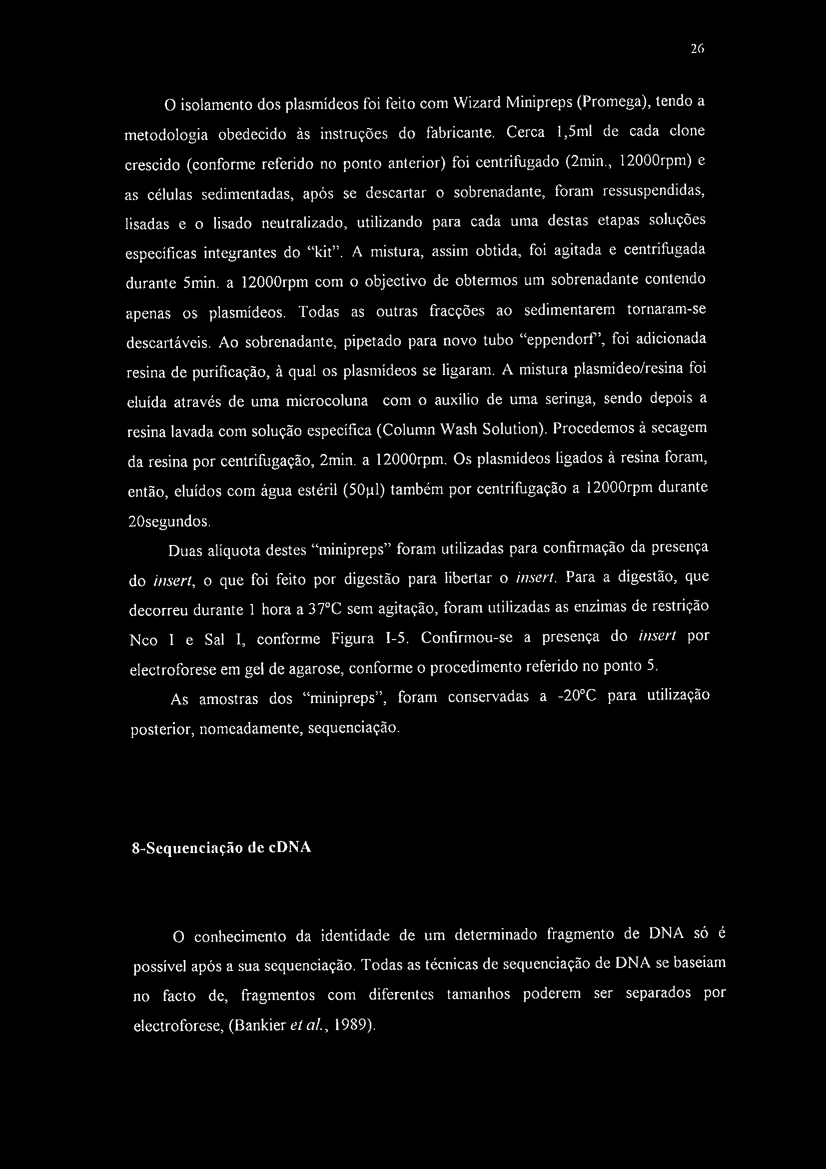 26 O isolamento dos plasmídeos foi feito com Wizard Minipreps (Promega), tendo a metodologia obedecido às instruções do fabricante.