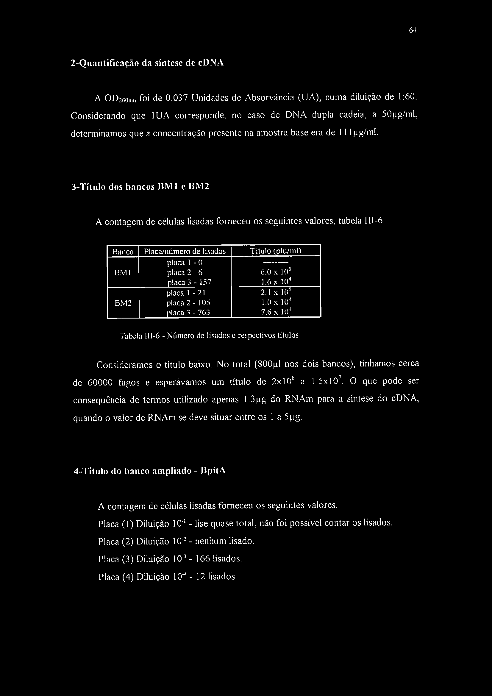 64 2-Qiiantificação da síntese de cdna A OD2 60nm foi de 0.037 Unidades de Absorvância (UA), numa diluição de 1:60.