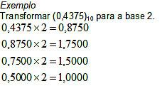 Transformações de Base Passagem de uma base 10 para a base R Parte fracionária: Algoritmo da multiplicação repetida.