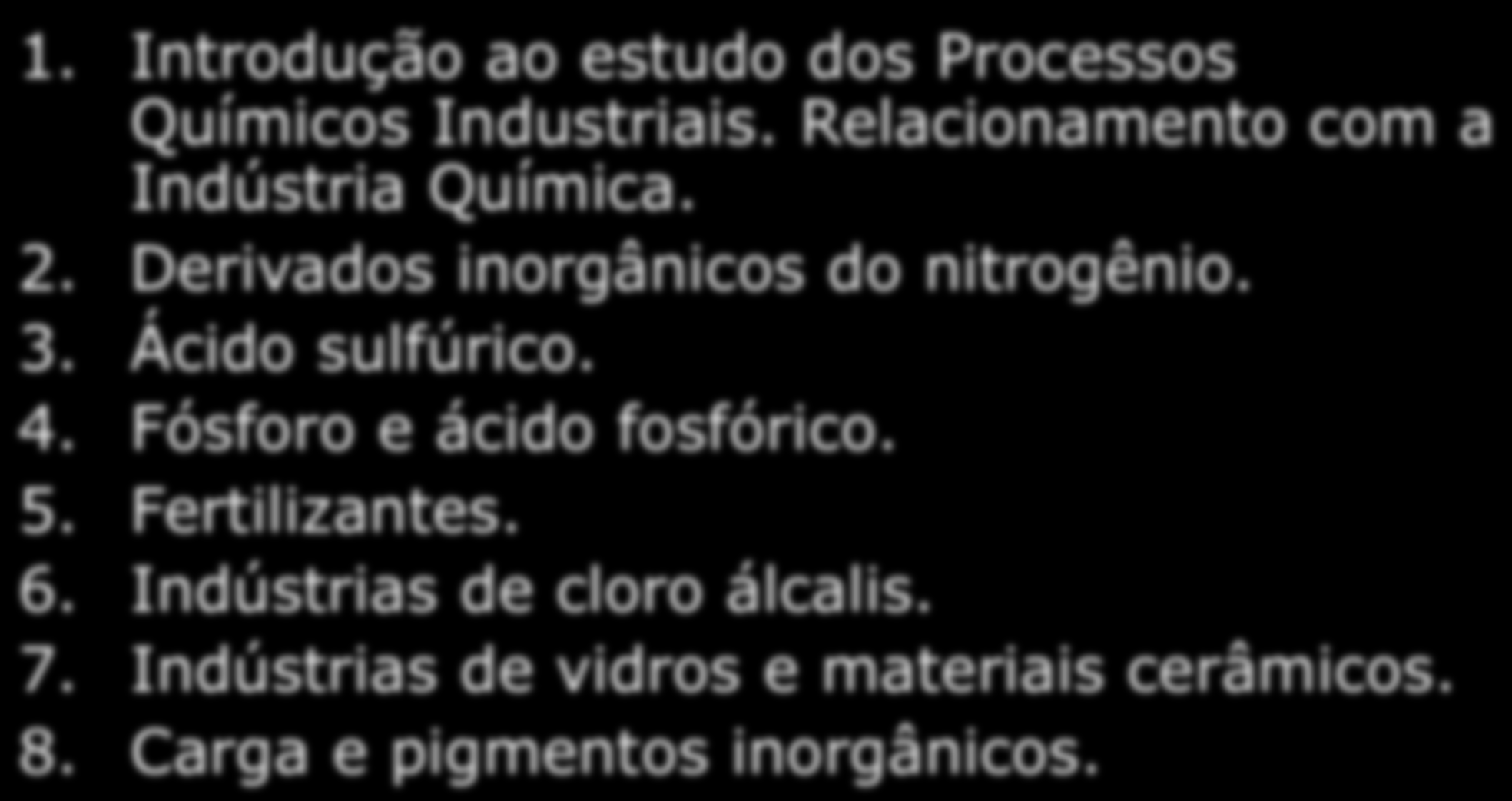 UNIDADES DIDÁTICAS 1. Introdução ao estudo dos Processos Químicos Industriais. Relacionamento com a Indústria Química. 2. Derivados inorgânicos do nitrogênio. 3.