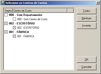 O botão Centros de Custos somente estará disponível quando nos parâmetros da empresa estiver selecionado o campo Contabilidade por centro de custo.