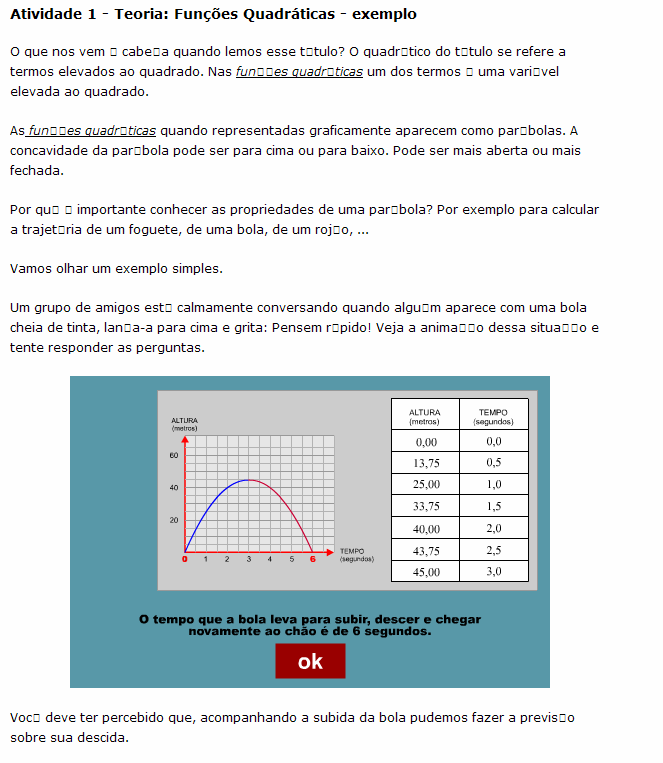 Clicando em o usuário poderá conferir a previsão que pode ser feita olhando para o gráfico, de quanto tempo a bola leva para subir