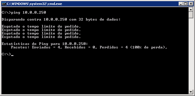 Ping Abra um prompt de comando e digite ping 10.0.0.250, em seguida tecle Enter.