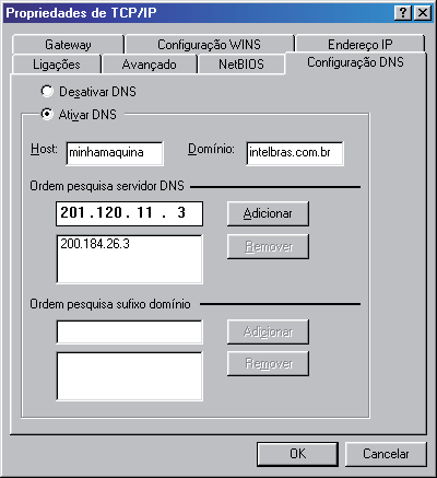 3. Na guia Configuração de DNS, clique em Ativar DNS, digite o nome do seu computador no campo Host e um domínio (como minharede.com) no campo Domínio.