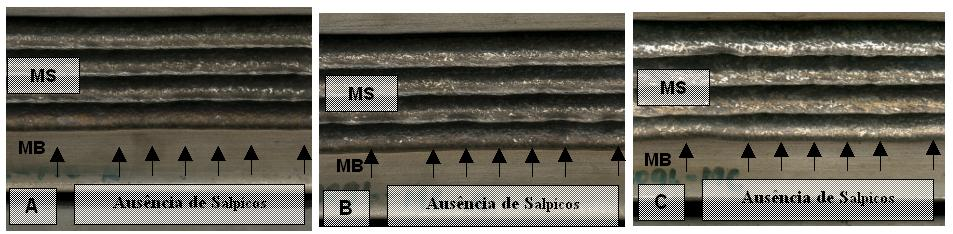 Figura 5 Aspecto da soldagem MIG C, demonstrando ausência total de salpicos; (A) Va = 7 m/min, (B) Va = 8,5 m/min, (C) Va = 9,5 m/min Esta Figura demonstra, como a Figura 4, que não ocorreram