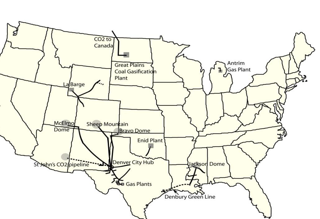 O mapa apresentado na Figura 6 indica a disposição e localização de alguns dos carbodutos presentes no território norte-americano. Figura 6 - Mapa de Carbodutos nos EUA. Fonte: MARSTON et al., 2008.