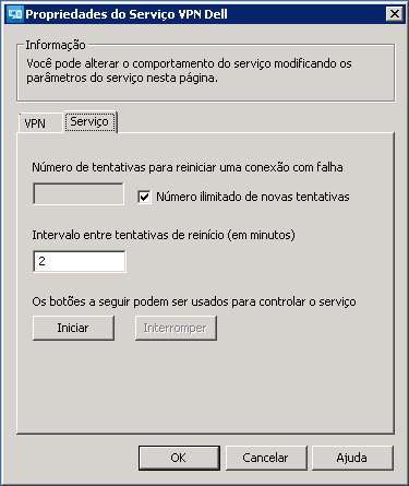 8 Na guia Serviço, defina as seguintes configurações: Configuração Número de tentativas para reiniciar uma falha de conexão Número ilimitado de novas tentativas Intervalo entre tentativas de