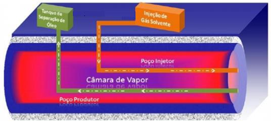 Figura 2: Processo VAPEX (OLIVEIRA, 2008) O método apresenta melhor eficiência, principalmente, em reservatórios que possuem capa de gás, baixa porosidade, alta saturação de água, aquífero inferior,